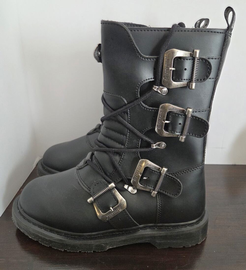 Demonia Bolt 265 Black Combat Boots Men 9 Women 11 Goth Punk Vegan Leather